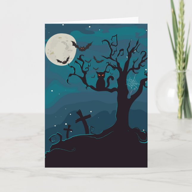 Tarjeta Gato negro de Halloween en rama de árbol (Anverso)