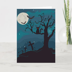 Tarjeta Gato negro de Halloween en rama de árbol