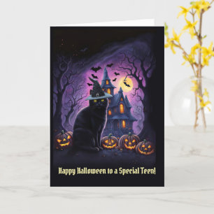 Tarjeta Gato negro de Halloween feliz para adolescentes