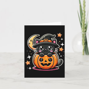 Tarjeta Gato negro de Halloween lindo en calabaza con somb