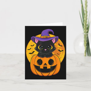 Tarjeta Gato Negro de Halloween Sombrero de Bruja Calabaza