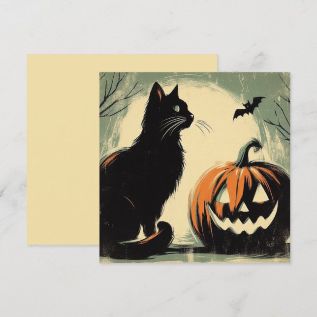 Tarjeta Gato negro de Halloween y calabaza (Anverso / Reverso)