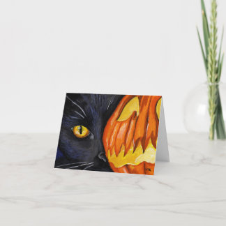 Tarjeta Gato negro de Halloween y calabaza