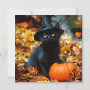 Tarjeta Gato negro de Halloween y calabaza