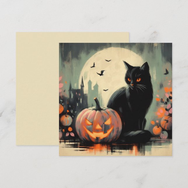 Tarjeta Gato negro de Halloween y calabaza (Anverso / Reverso)