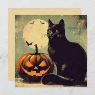 Tarjeta Gato negro de Halloween y calabaza