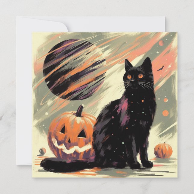 Tarjeta Gato negro de Halloween y calabaza (Anverso)