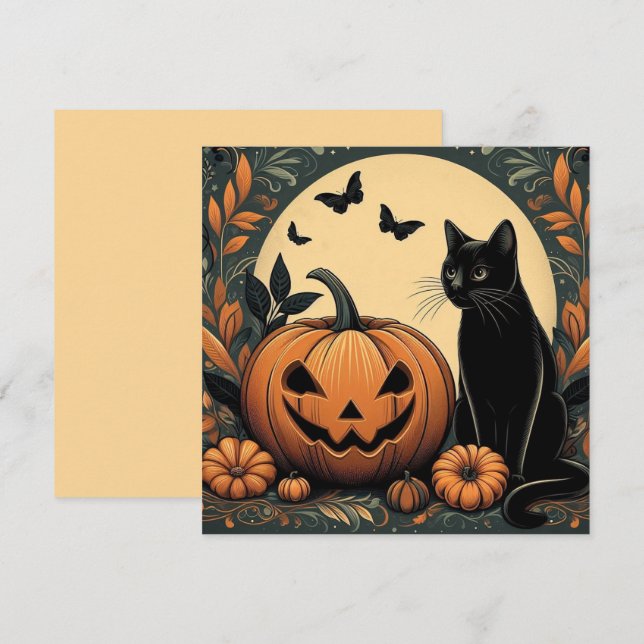 Tarjeta Gato negro de Halloween y calabaza (Anverso / Reverso)