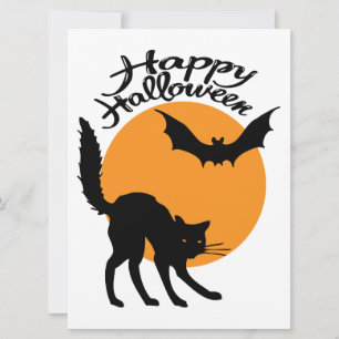 Tarjeta Gato negro de Halloween y murciélago con luna, hal