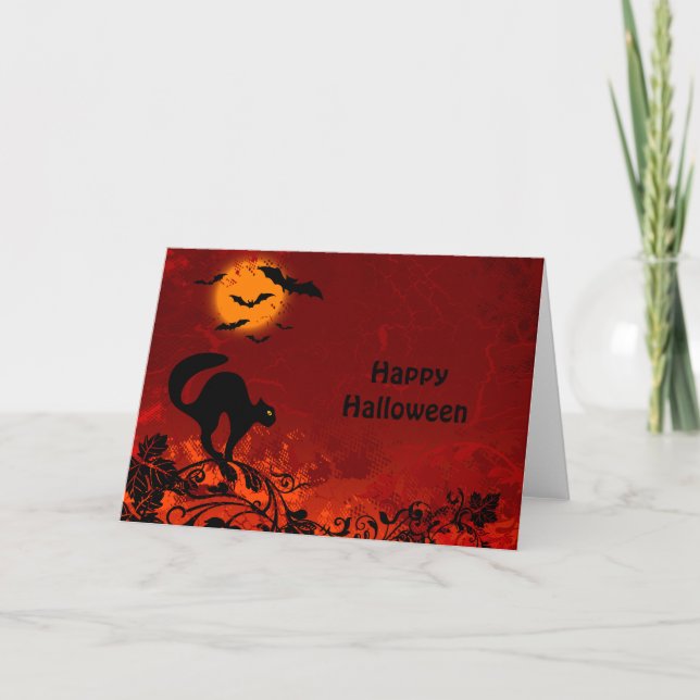 Tarjeta Gato negro de Halloween y murciélagos (Anverso)