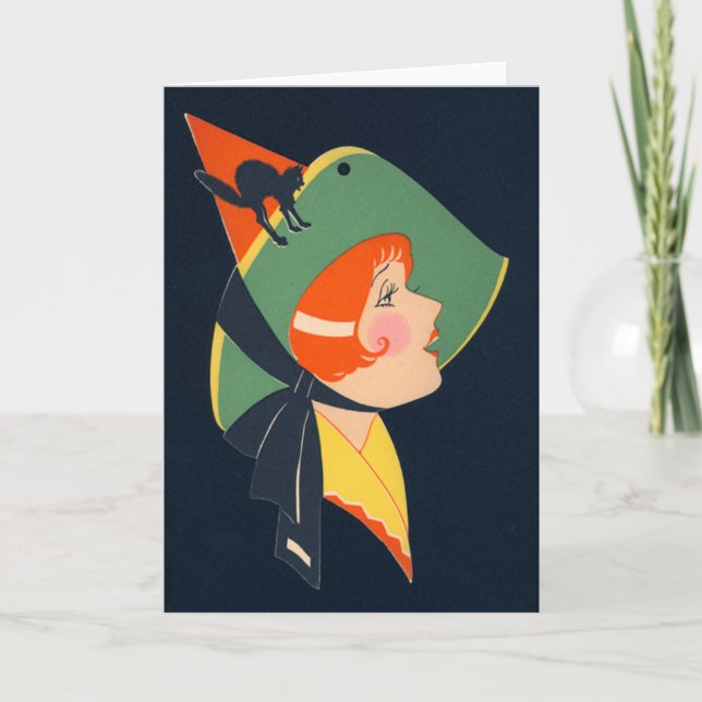 Tarjeta Gato negro de la bruja del art déco (Anverso)