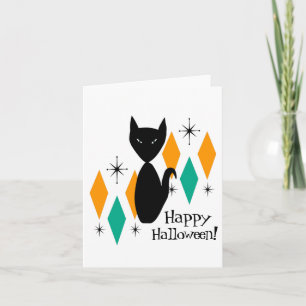 Tarjeta Gato negro de mediados de siglo moderno Feliz Hall