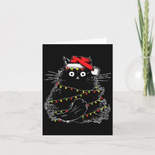 Tarjeta Gato negro de Santa enredado en luz de árbol de Na