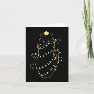 Tarjeta Gato negro de Santa enredado en luz de árbol de Na