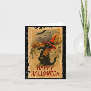 Tarjeta Gato negro del feliz Halloween que juega palos del