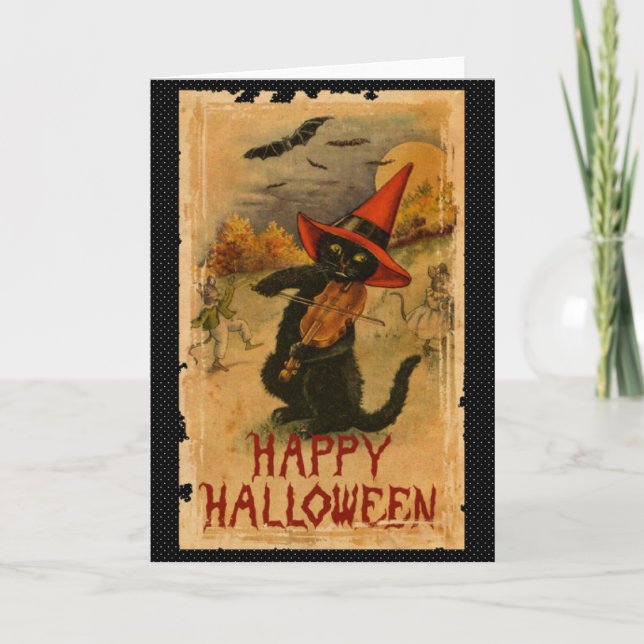 Tarjeta Gato negro del feliz Halloween que juega palos del (Anverso)