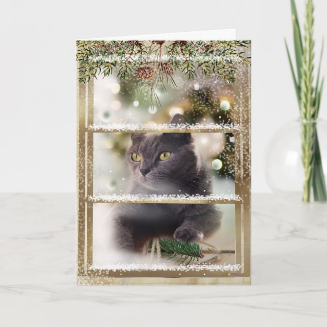Tarjeta Gato negro dentro de la ventana de Navidades vacac (Anverso)