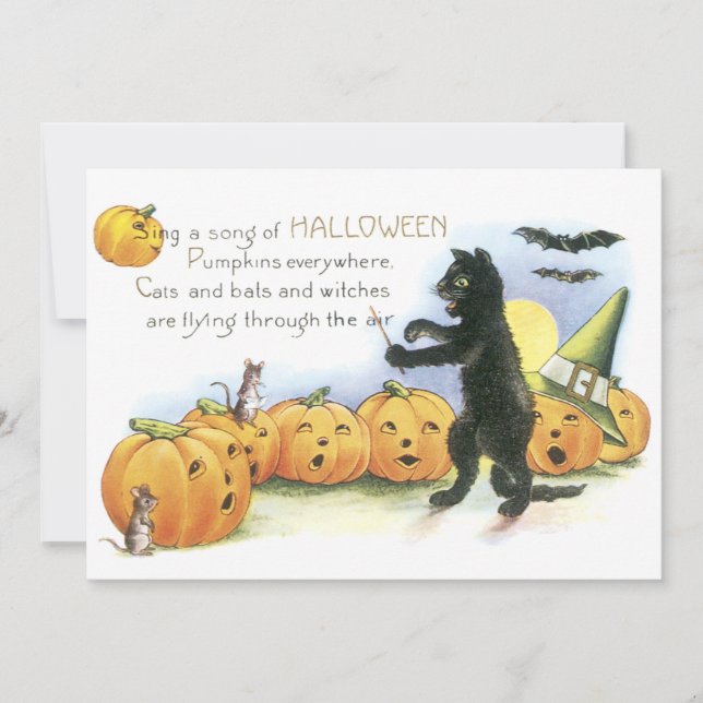Tarjeta Gato Negro Dirigiendo el Coro de Jack O' Lantern e (Anverso)