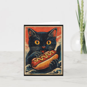 Tarjeta Gato negro divertido comiendo hot dog japonés retr