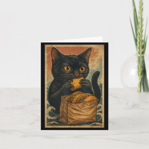 Tarjeta Gato negro divertido comiendo tacos retro japonés