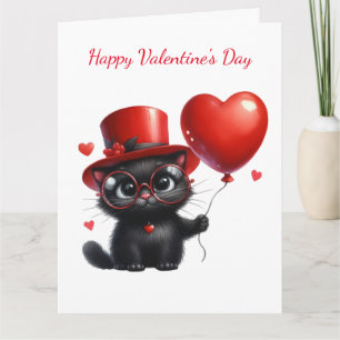 Tarjeta Gato negro divertido con globos día de San Valentí