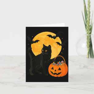 Tarjeta Gato negro divertido de Halloween con calabaza y d