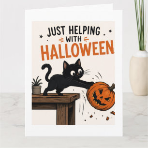 Tarjeta Gato negro divertido derribando una calabaza de Ha