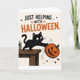 Tarjeta Gato negro divertido derribando una calabaza de Ha