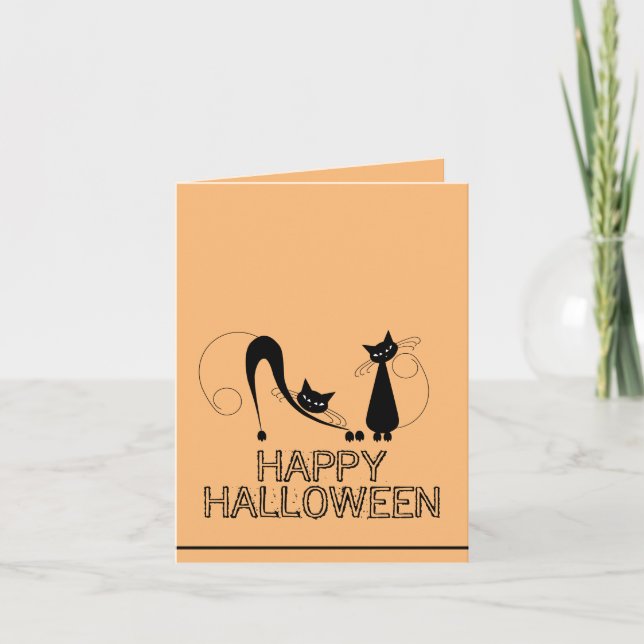 Tarjeta Gato negro elegante, Halloween feliz (Anverso)