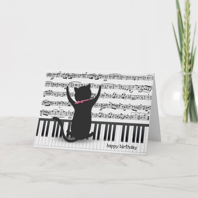 Tarjeta gato negro en cumpleaños de piano (Anverso)