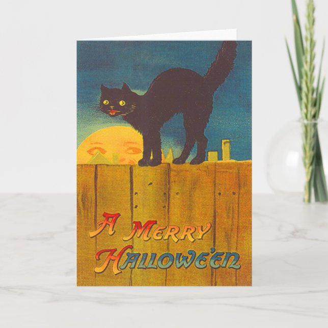 Tarjeta Gato negro en hombre de la cerca en la luna (Anverso)