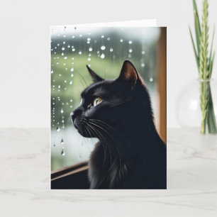 Tarjeta Gato negro en la ventana de lluvia