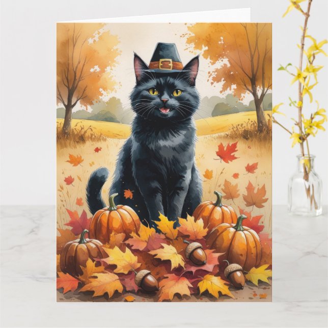 Tarjeta Gato negro en otoño deja arte de Acción de Gracias (flor amarilla)
