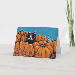 Tarjeta Gato negro en parche de calabaza de Halloween