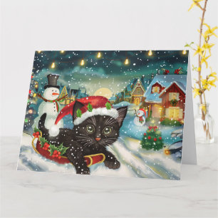 Tarjeta Gato Negro en Trineo Navidad Nieve