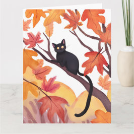 Tarjeta Gato negro en un árbol | Otoño Spooky Cute