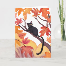 Tarjeta Gato negro en un árbol | Otoño Spooky Cute