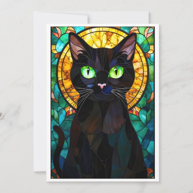Tarjeta Gato negro encantador de estilo vitral con ojos ve (Anverso)