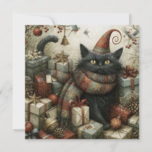 Tarjeta Gato negro encantador en sombrero con regalos de N