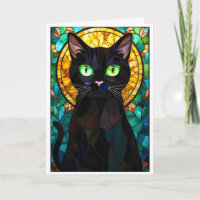 Gato negro encantador estilo vitral ojos verdes