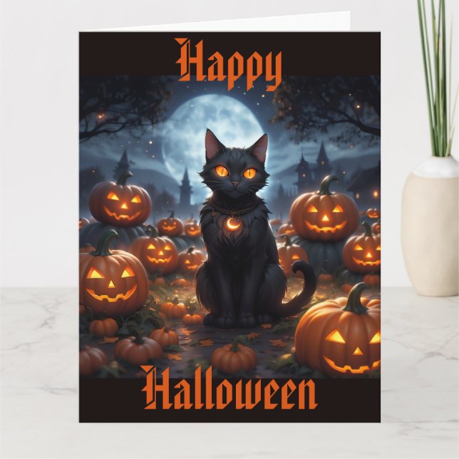 Tarjeta Gato negro espeluznante con Jack O'Lanterns (Anverso)