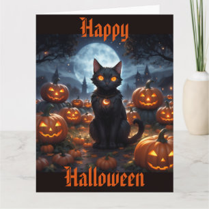 Tarjeta Gato negro espeluznante con Jack O'Lanterns