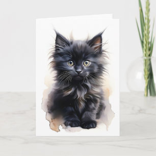 Tarjeta Gato negro esponjoso de pelo largo acuarela en bla