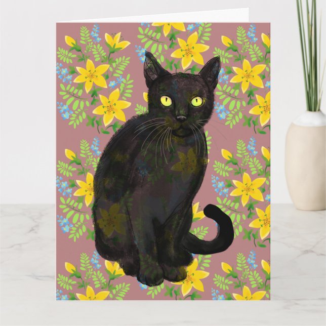 Tarjeta gato negro floral (Anverso)