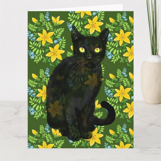 Tarjeta gato negro floral (Anverso)