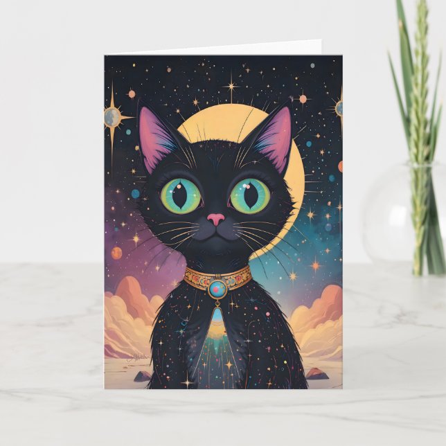 Tarjeta Gato negro futurista atómico en luz de la luna (Anverso)