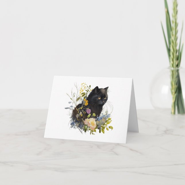Tarjeta Gato negro gatito con flores en blanco (Anverso)