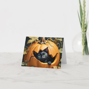 Tarjeta Gato negro hermoso en calabaza