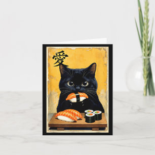 Tarjeta Gato negro Kawaii lindo comiendo sushi divertido j