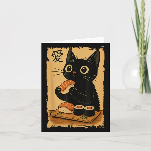 Tarjeta Gato negro kawaii lindo comiendo sushi divertido j (Anverso)